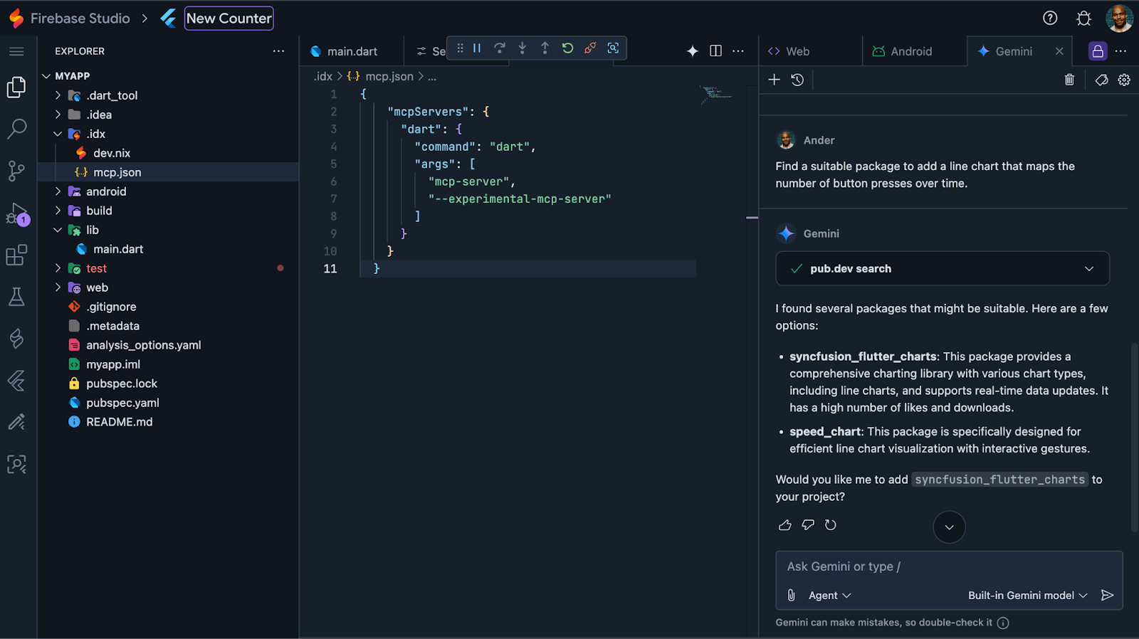 Dart MCP Server configuration for a Flutter app in Firebase Studio