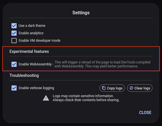 *DevTools setting to use the WebAssembly build instead of the Javascript build.*