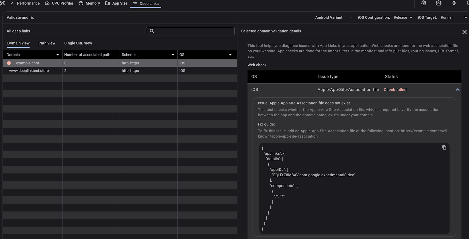 *iOS deep link validation in the DevTools Deep Links tool.*