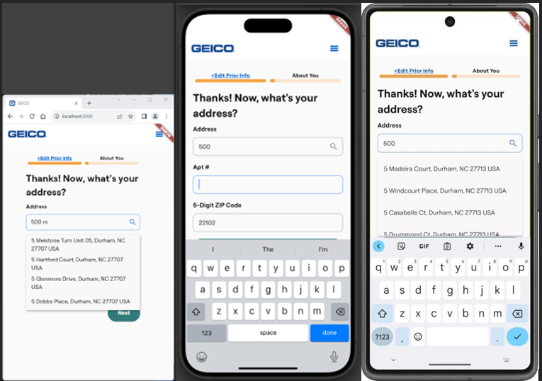 GEICO user interface elements shared across web, iOS, and Android.