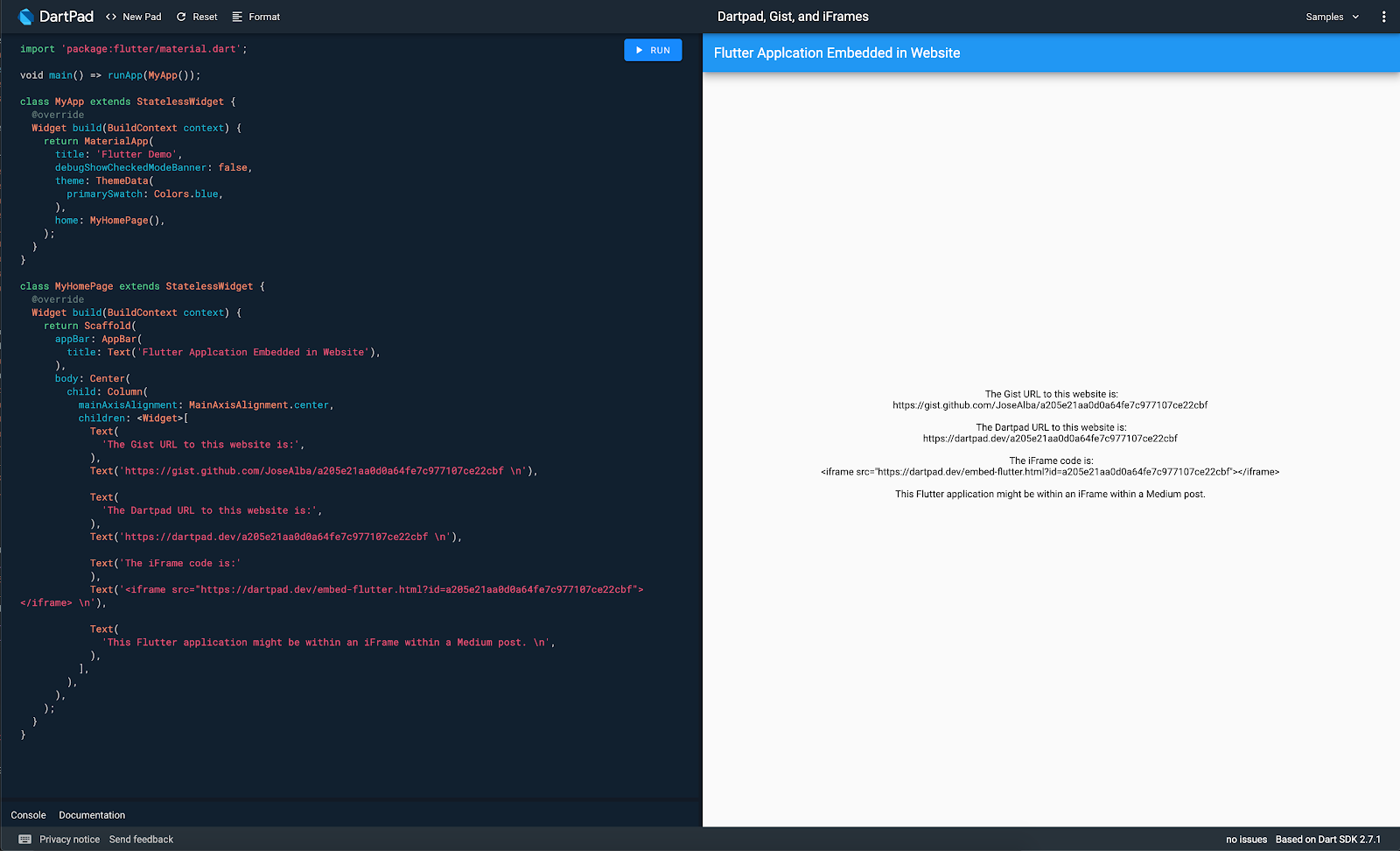 How to embed a Flutter application in a Website using DartPad