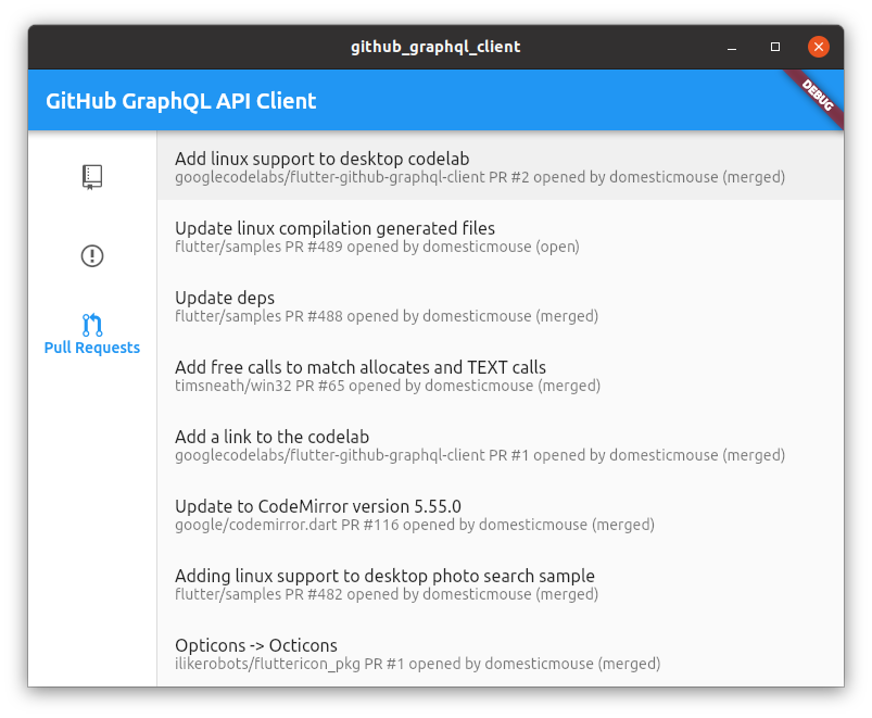 The Flutter GitHub codelab client application in action