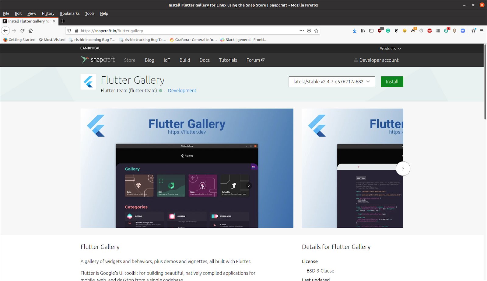 The Flutter Gallery sample is available on the Snap Store