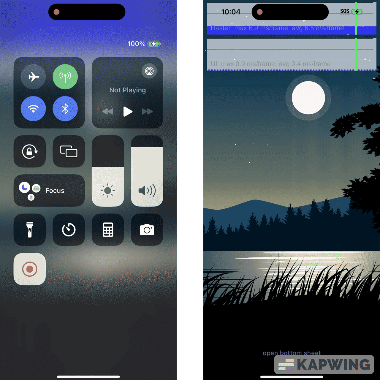 (Left) A Lottie animation. Previously, Impeller on a recent iPhone took 64ms / frame of raster thread CPU time to render it. (Right) The same animation on the same device after we landed the Stencil-then-Cover optimization. Raster times are nearly 10x faster.