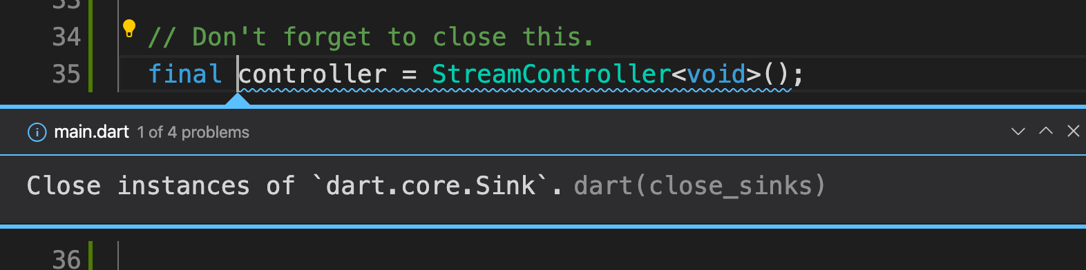 Here, the analyzer detects that a Sink is created but is never closed — a possible memory leak.