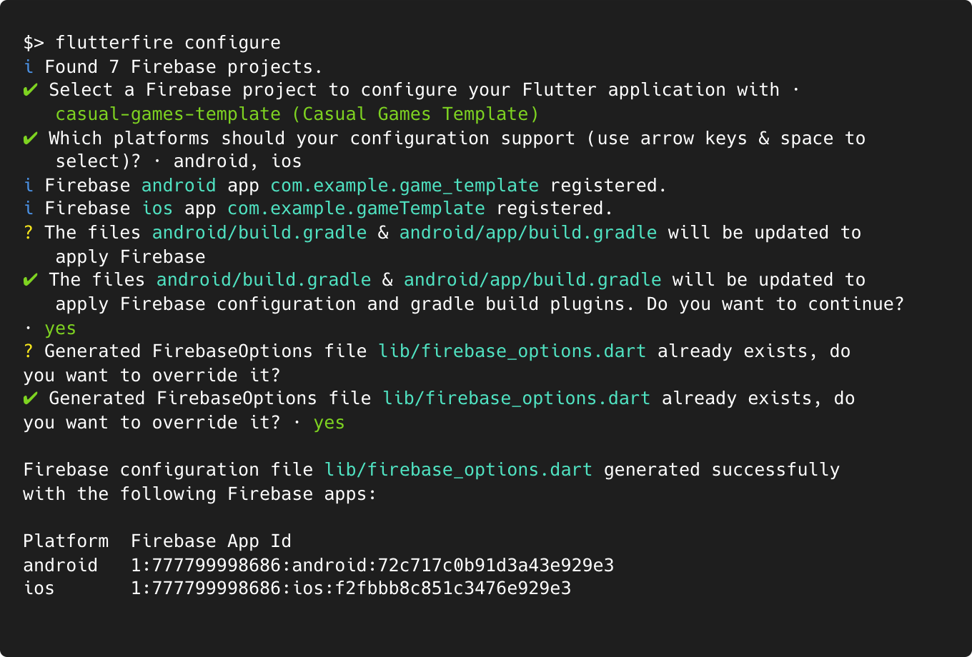 Output from FlutterFire config command