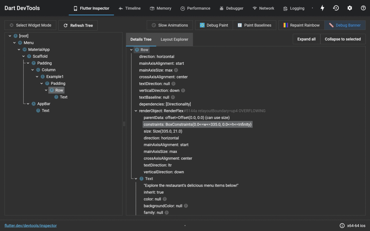 A GIF showing the Details Tree and Layout Explorer features of the Flutter Inspector