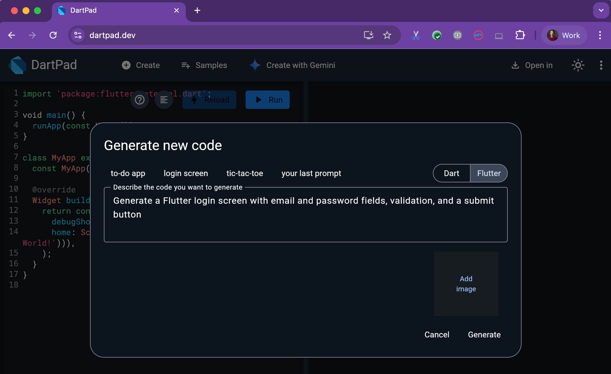 Gemini-powered code generation in DartPad
