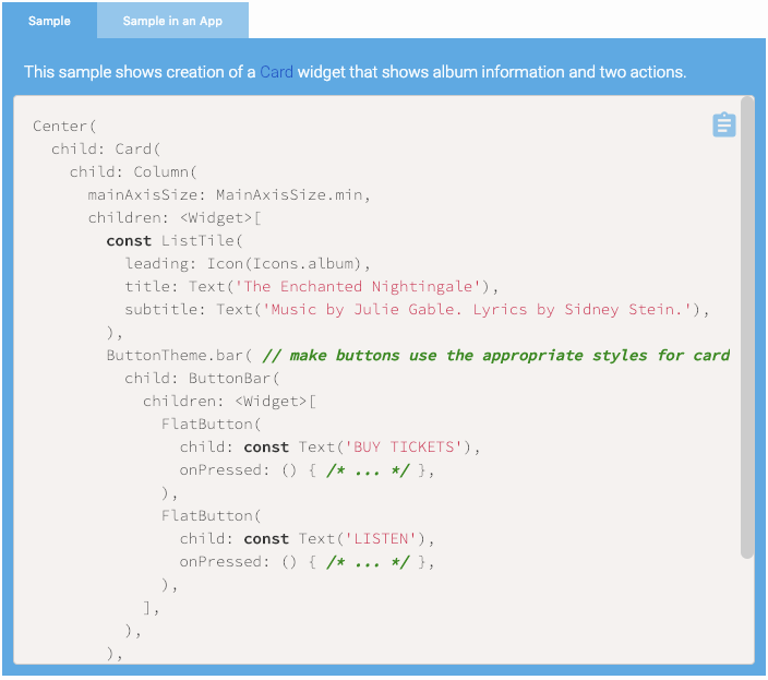 Sample code of a Card class. The clipboard icon on the upper right corner help you copy the entire code at once.