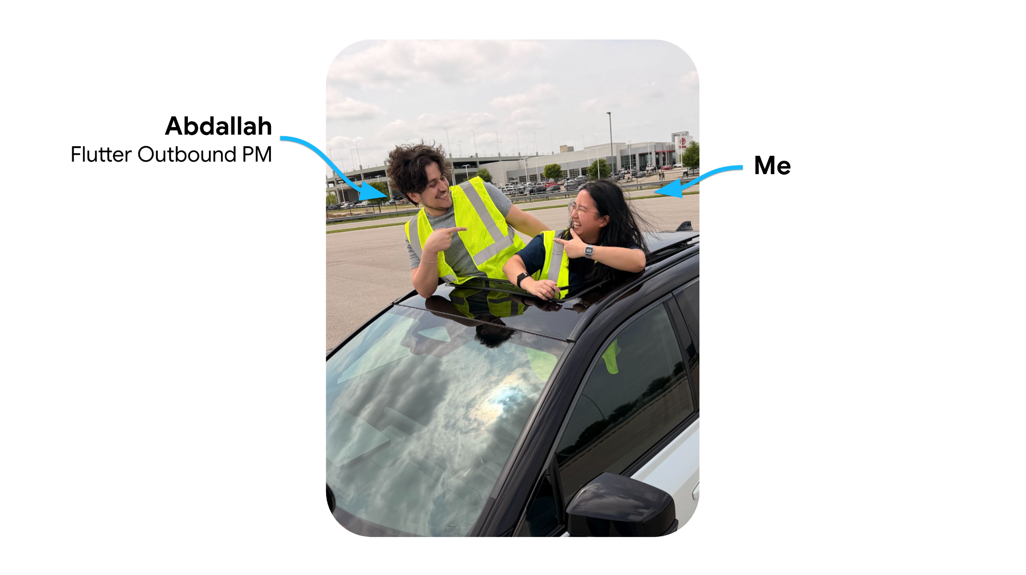 Flutter Outbound product manager, Abdallah, and I getting our photos taken on the Toyota Test Track!