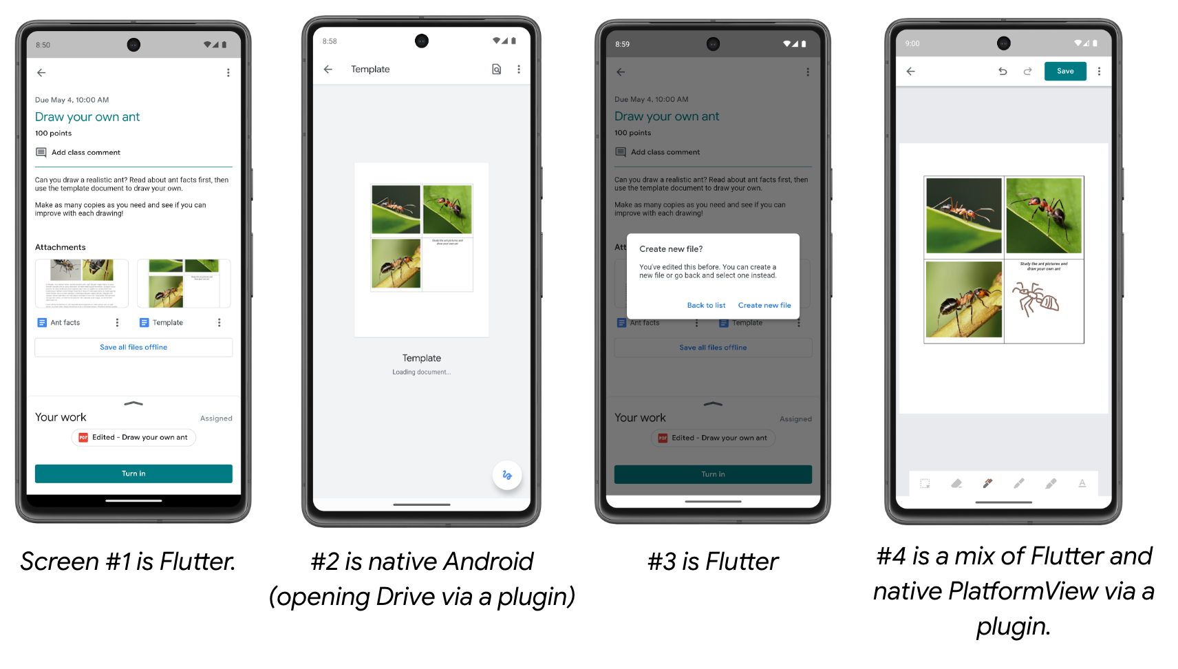 Four mobile screens side by side, collectively showing the user flow to select and annotate a file